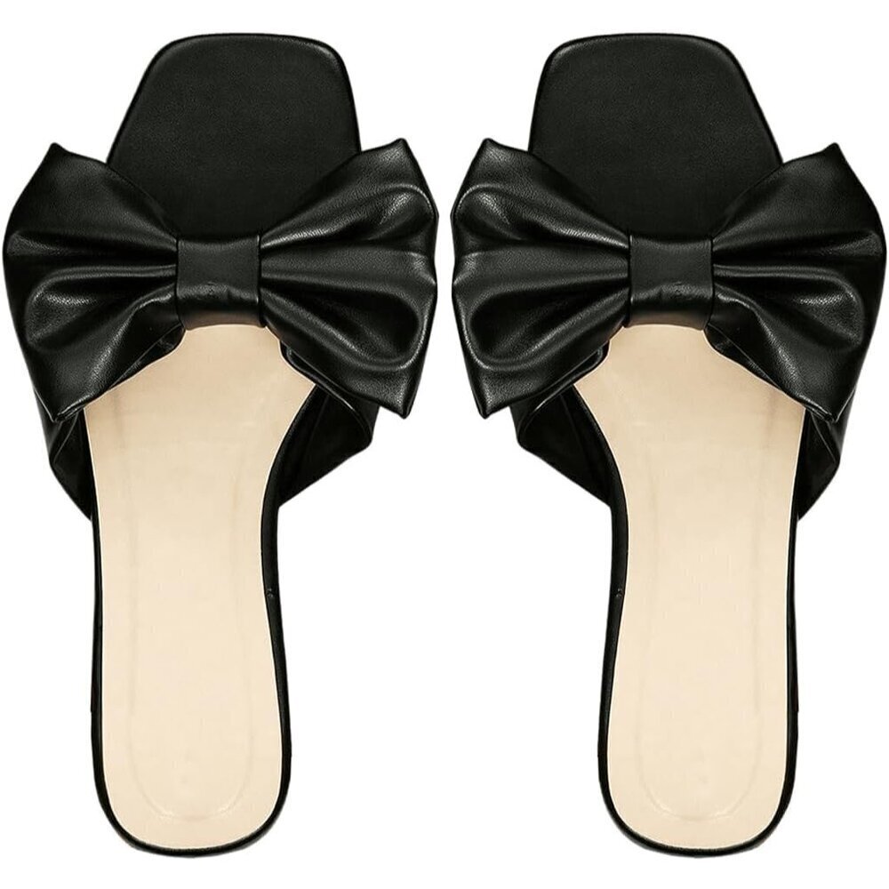 Women's Bow Black Square Open Toe Breathable Slip On Slide Sandals Flat Shoes